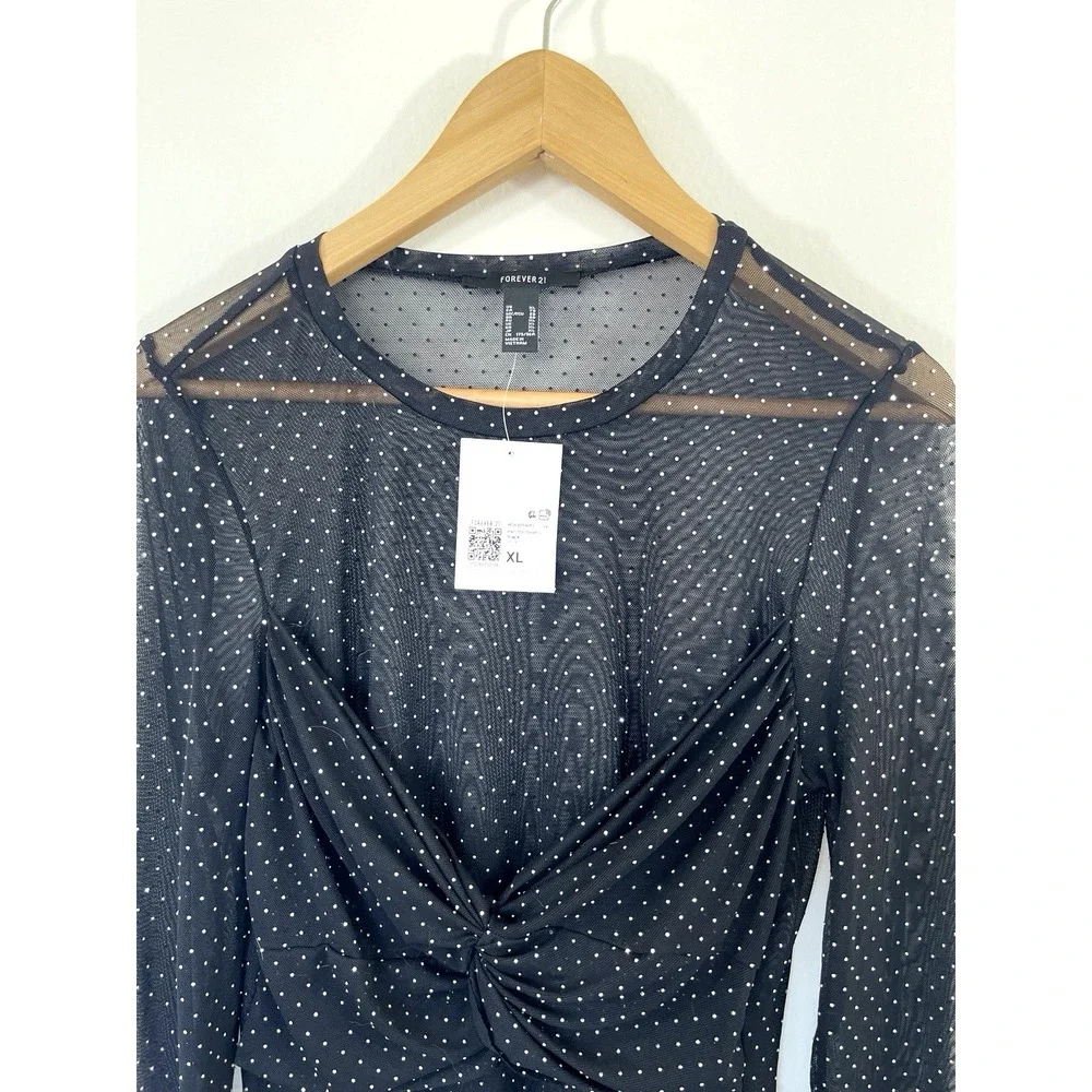 New Forever 21 Womens Sheer Twisted Mesh Rhinestones Top Size XL Black Clubwear